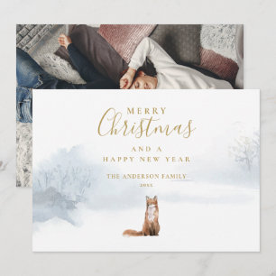 Cartes Pour Fêtes Annuelles Renard d'hiver de Noël Élégant Or Script Photo