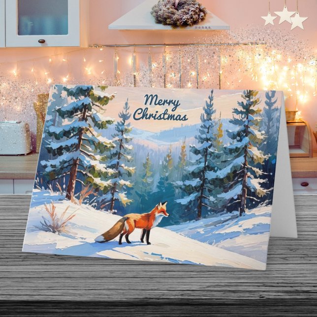Cartes Pour Fêtes Annuelles Renard rouge dans paysage hivernal neige Joyeux No (A Christmas card with illustration of a beautiful red fox in a snow scene with evergreen trees)