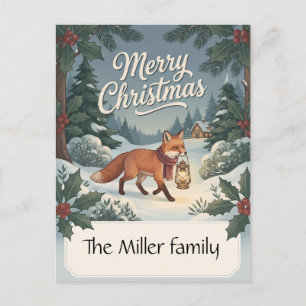 Cartes Pour Fêtes Annuelles Renard vintage avec lanterne de Noël en forêt