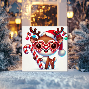 Cartes Pour Fêtes Annuelles Renne Adorable Tenant un Cane de Bonbon
