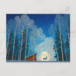 Cartes Pour Fêtes Annuelles Renne Blanche, Cabine Neige, Nuit Lune