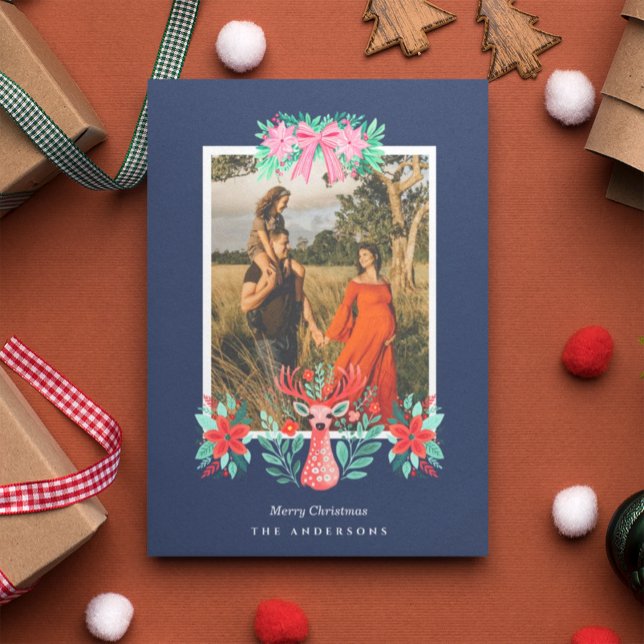 Cartes Pour Fêtes Annuelles Renne de photo de Noël Floral Bleu (Créateur téléchargé)