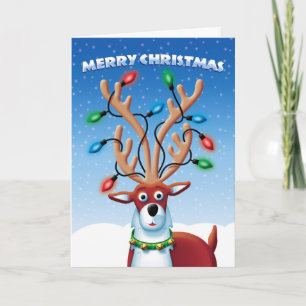 Cartes Pour Fêtes Annuelles Renne mignon de Noël avec des lumières sur des