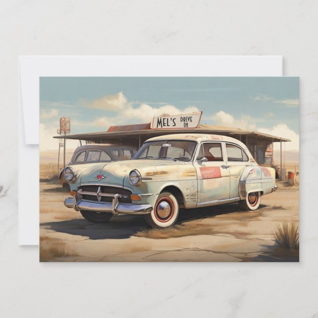 Cartes Pour Fêtes Annuelles Restaurant Drive-In avec une automobile abandonnée (Devant)
