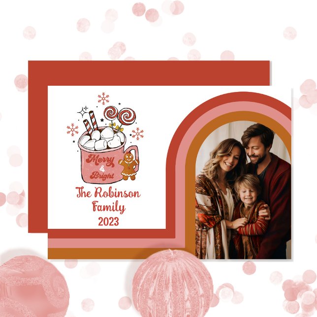 Cartes Pour Fêtes Annuelles Retro Arch Merry et Bright Christmas Family Photo (Hoping your Christmas holiday season will be "Merry and Bright" -- retro arch photo hot cocoa design)