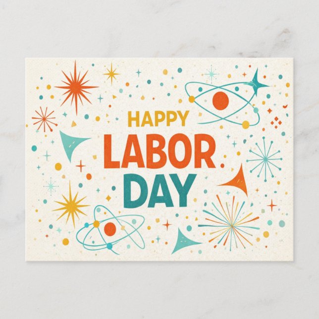 Cartes Pour Fêtes Annuelles Retro Atomic Happy Labor Day (Devant)