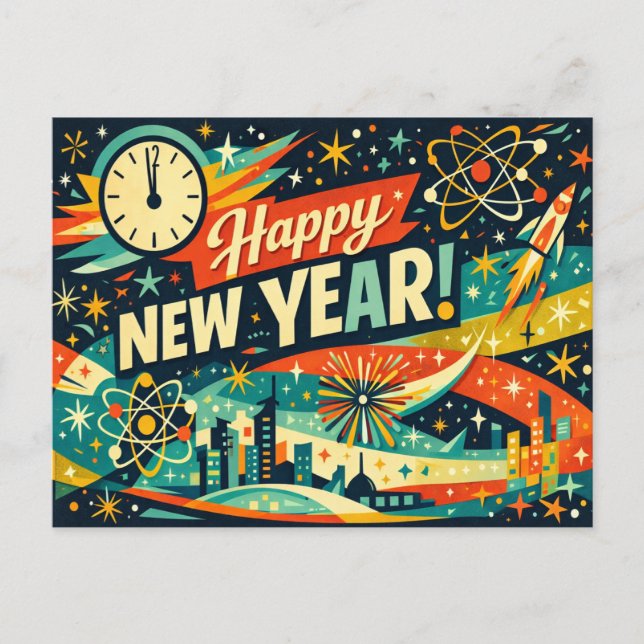 Cartes Pour Fêtes Annuelles Retro Atomic Space Age New Year (Devant)