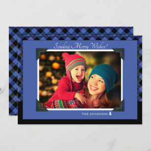 Cartes Pour Fêtes Annuelles Retro Black and Blue Buffalo Check Christmas Photo