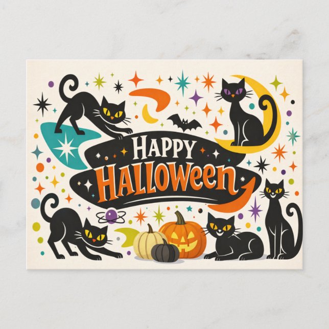 Cartes Pour Fêtes Annuelles Retro Black Cats Halloween (Devant)