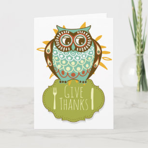 Cartes Pour Fêtes Annuelles Retro Blue Owl Donner Merci Bon thanksgiving
