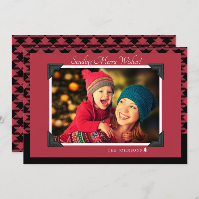 Cartes Pour Fêtes Annuelles Retro Burgundy Buffalo Check Christmas Photo (Devant / Derrière)