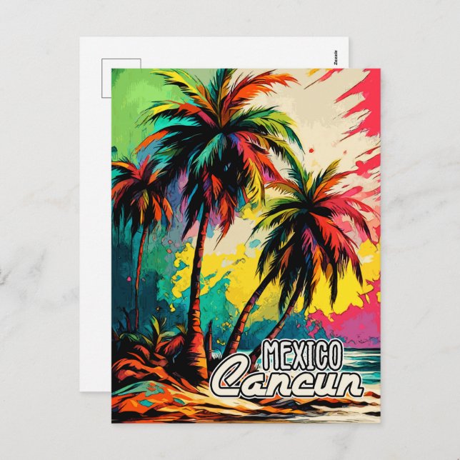 Cartes Pour Fêtes Annuelles Retro Cancun Mexique Poster Pop Art Travel (Devant / Derrière)