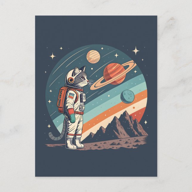 Cartes Pour Fêtes Annuelles Retro Cat Astronaut Cosmic Space Illustration (Devant)
