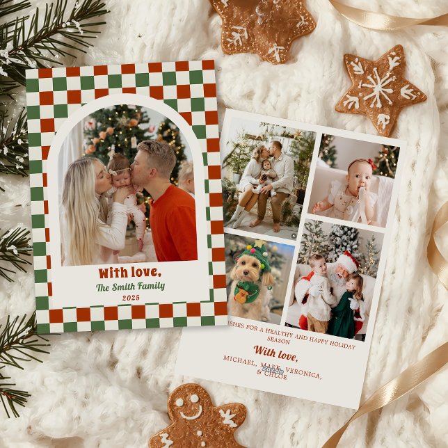Cartes Pour Fêtes Annuelles Retro Checkerboard Family Photo Arch Christmas (Créateur téléchargé)