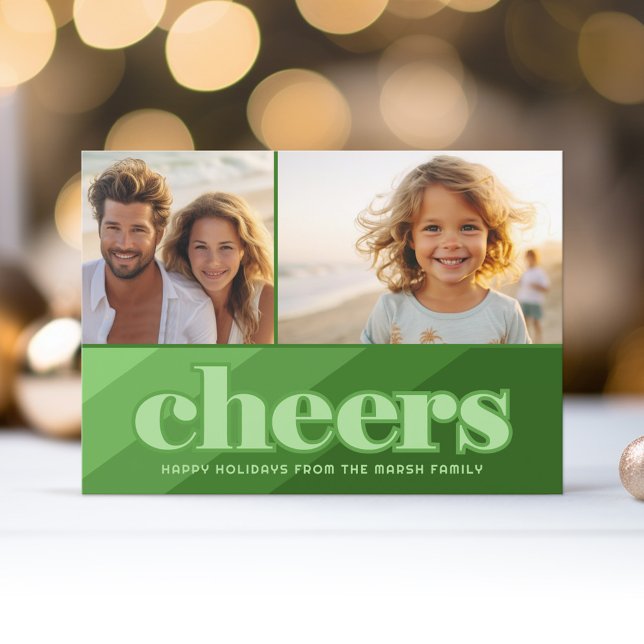 Cartes Pour Fêtes Annuelles Retro Cheers Line Art Green - 2 Photo - les années (Retro Stripe Christmas Card with 2 Photos - Vibrant Olive Green Shades - Print and Download Option)