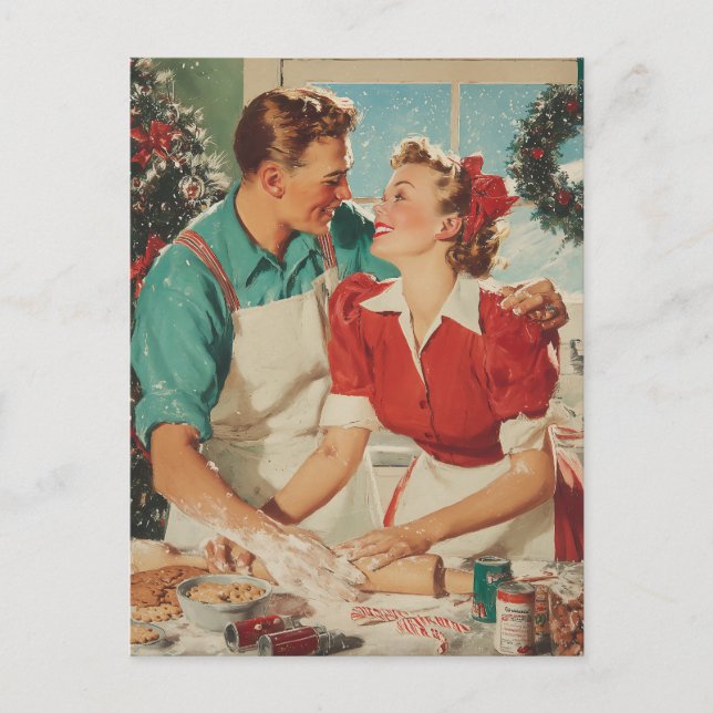 Cartes Pour Fêtes Annuelles Retro Christmas Couple Baking Love (Devant)