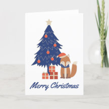 Retro Christmas Fox Illustration Blue Red