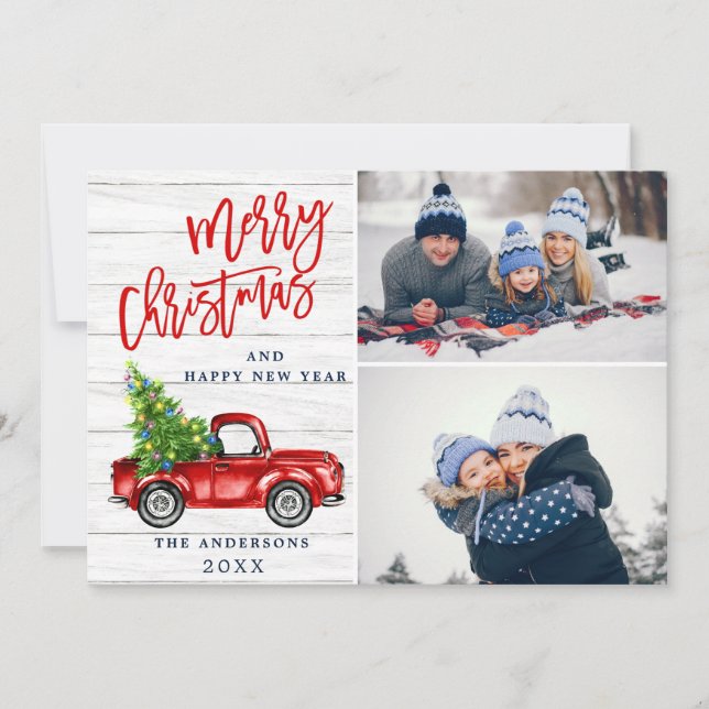 Cartes Pour Fêtes Annuelles Retro Christmas Red Truck Rustic 2 PHOTO Salutatio (Devant)