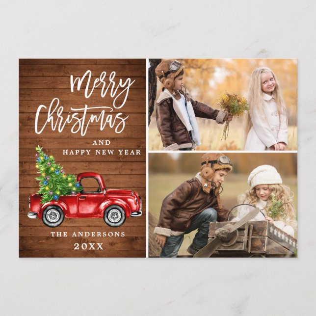 Cartes Pour Fêtes Annuelles Retro Christmas Red Truck Rustic 2 PHOTO Salutatio (Devant)