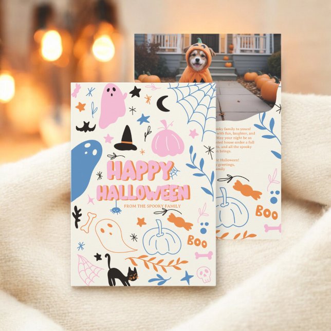 Cartes Pour Fêtes Annuelles Retro Cute Rose Orange Pastel Halloween Photo (Retro Cute Pink Orange Pastel Halloween Photo Holiday Card)