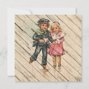 Cartes Pour Fêtes Annuelles Retro   Enfants D'Hiver Vintages Patiner Sur Glace
