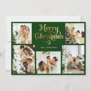 Cartes Pour Fêtes Annuelles Retro Green et Gold Joyeux Noël Famille Photo