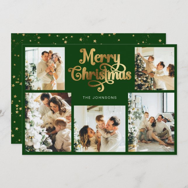 Cartes Pour Fêtes Annuelles Retro Green Faux Gold Joyeux Noël Famille Photo (Devant / Derrière)