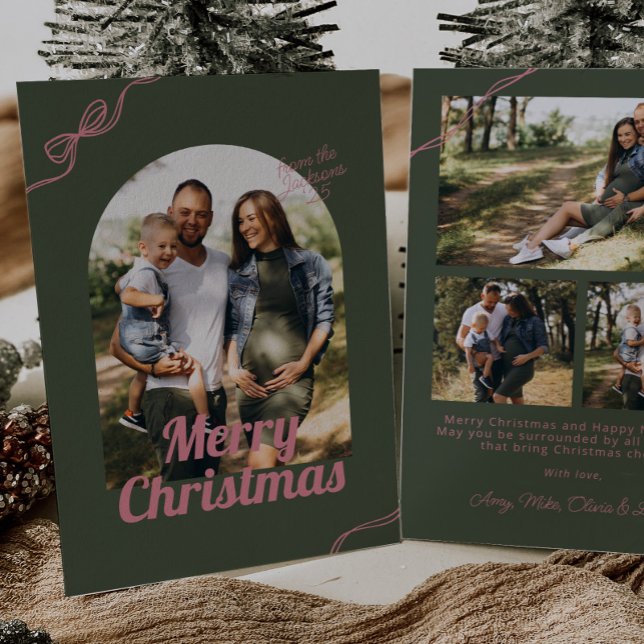 Cartes Pour Fêtes Annuelles Retro Green & Pink Bow Arche Photo Noël (Créateur téléchargé)