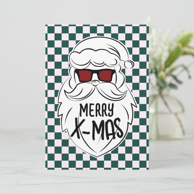Cartes Pour Fêtes Annuelles Retro Green Pink Checkered Santa Claus Christmas  (Debout devant)