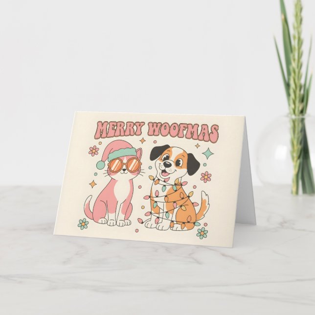 Cartes Pour Fêtes Annuelles Retro Groovy Cat & Dog Merry Christmas (Devant)