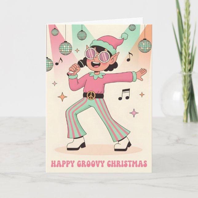 Cartes Pour Fêtes Annuelles Retro Groovy Elf Merry Christmas (Devant)