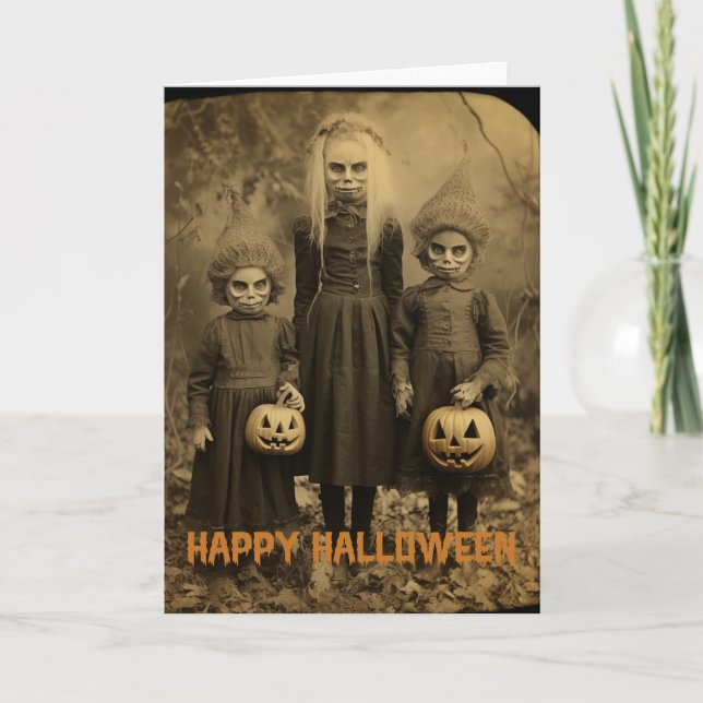 Cartes Pour Fêtes Annuelles Retro Halloween enfants déplaisants avec citrouill (Devant)