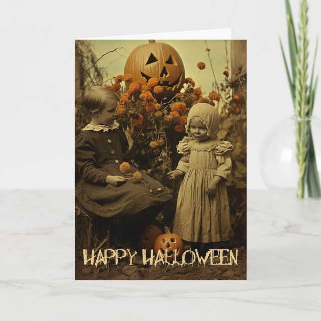 Cartes Pour Fêtes Annuelles Retro Halloween filles déplaisantes avec citrouill (Devant)
