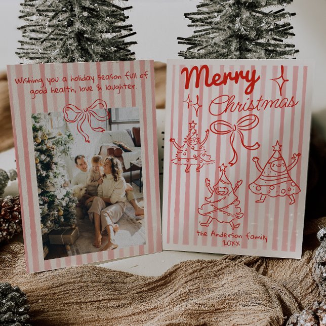 Cartes Pour Fêtes Annuelles Retro Hand Drawn Red Funny Christmas Trees Bow (Créateur téléchargé)