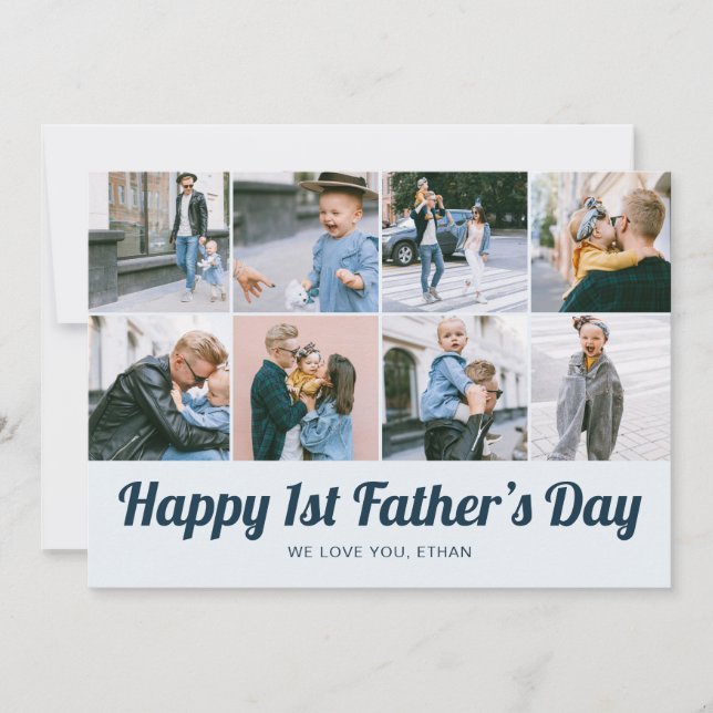 Cartes Pour Fêtes Annuelles Retro Happy 1st Father's Day 12 Photo Collage Blue (Devant)