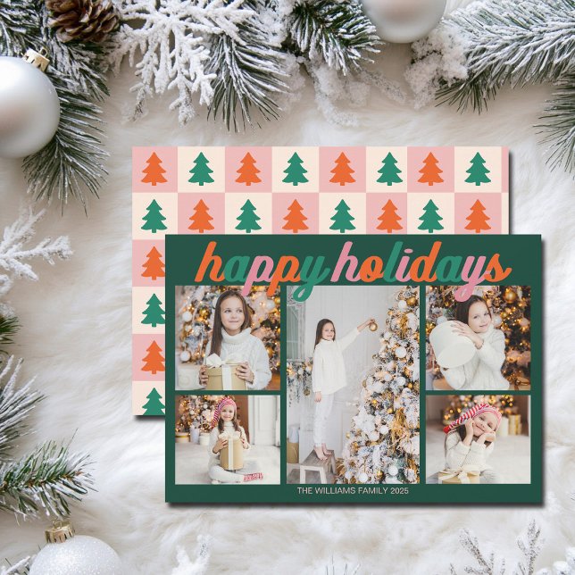 Cartes Pour Fêtes Annuelles Retro Happy Holidays Cute Green Photo Collage (Créateur téléchargé)