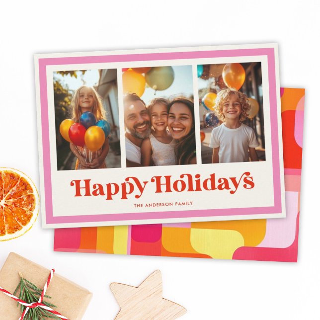 Cartes Pour Fêtes Annuelles Retro Happy Holidays Pink Rainbow Frame 3 Photo (Créateur téléchargé)