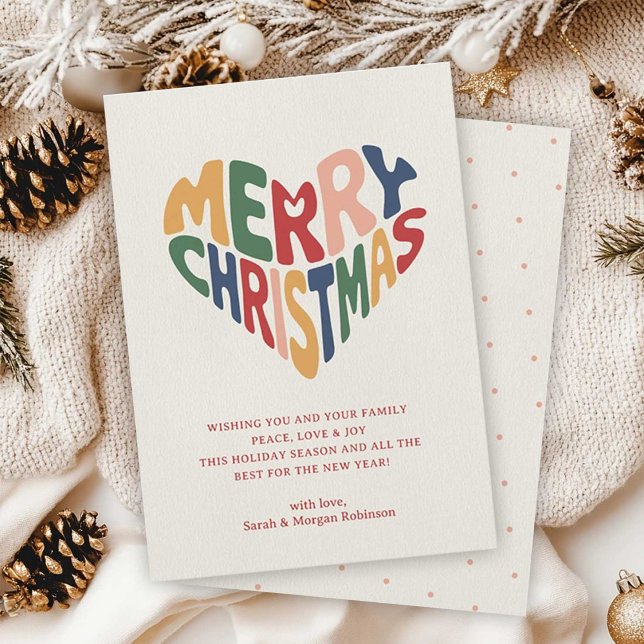 Cartes Pour Fêtes Annuelles Retro Heart Merry Christmas Playful  (Heart-shaped Merry Christmas typography design holiday card in retro rainbow colors)