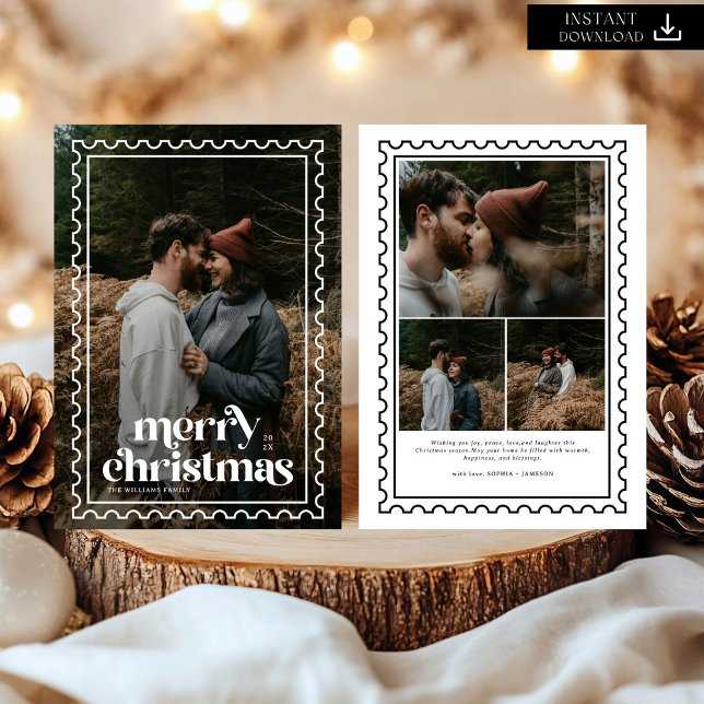 Cartes Pour Fêtes Annuelles Retro Joyeux Noël Famille de timbres Photo (Créateur téléchargé)