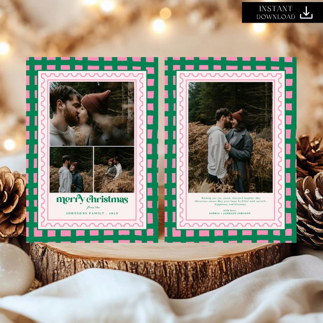 Cartes Pour Fêtes Annuelles Retro Joyeux Noël Plaid famille Photo Holiday (Créateur téléchargé)