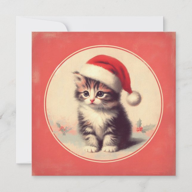 Cartes Pour Fêtes Annuelles Rétro Kitten à Santa Hat (Devant)