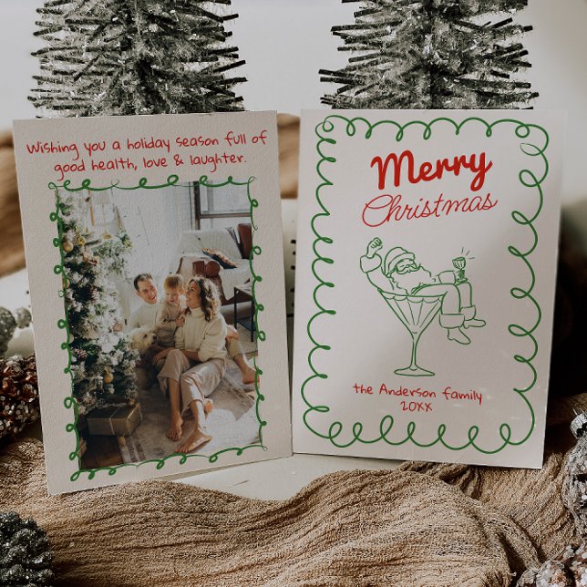 Cartes Pour Fêtes Annuelles Retro Main Drag Fun Père Noël Champagne Noël (Créateur téléchargé)