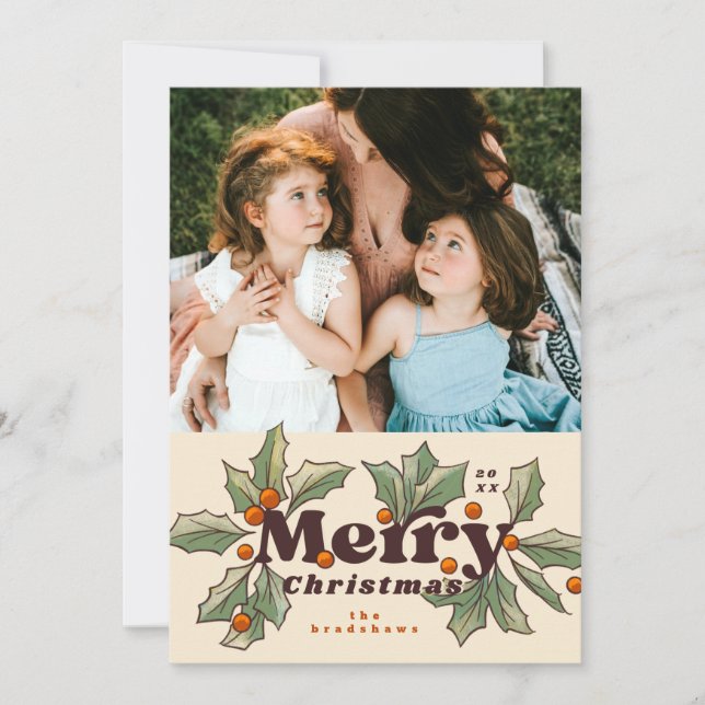 Cartes Pour Fêtes Annuelles Retro Merry Holly Photo (Devant)