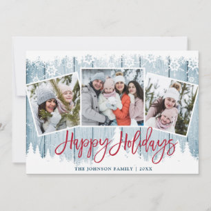 Cartes Pour Fêtes Annuelles Retro Noël Rustic Blue Wood 3 PHOTO Salutation