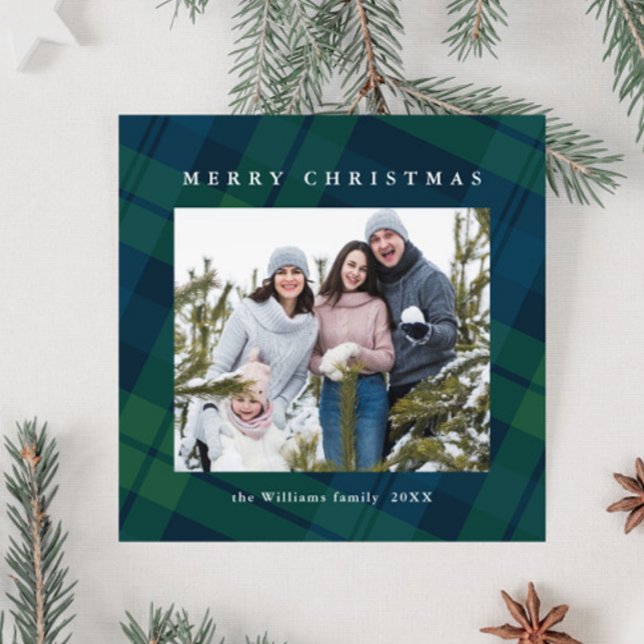 Cartes Pour Fêtes Annuelles Rétro Noël Tartan Plaid 2 Photo Grey (Créateur téléchargé)