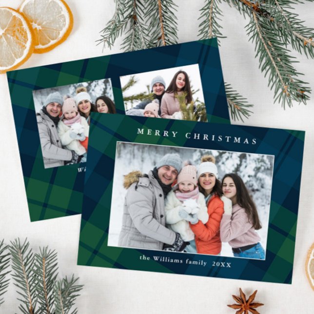Cartes Pour Fêtes Annuelles Rétro Noël Tartan Plaid 3 Photo Grey (Créateur téléchargé)