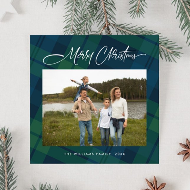 Cartes Pour Fêtes Annuelles Rétro Noël Tartan Plaid Photo Grey (Créateur téléchargé)