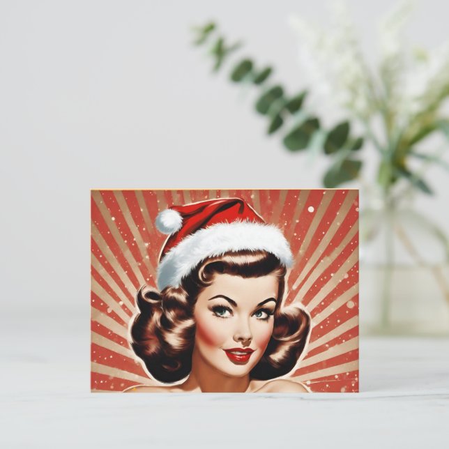 Cartes Pour Fêtes Annuelles Retro Pin Up Fille Noël (Debout devant)