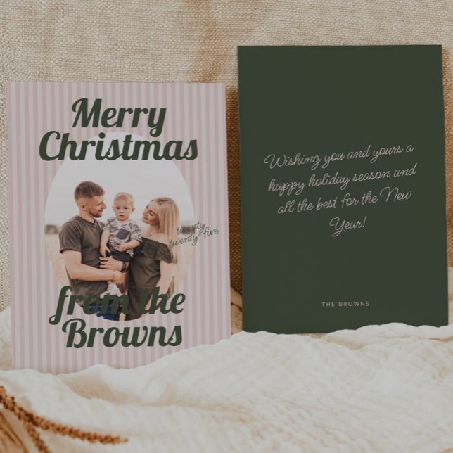 Cartes Pour Fêtes Annuelles Retro Pink Stripes Boho Oval Photo Noël (Créateur téléchargé)