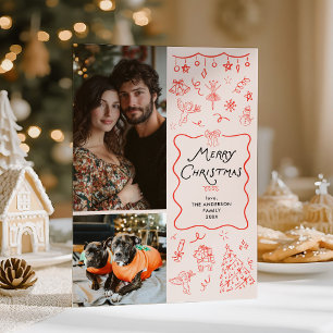 Cartes Pour Fêtes Annuelles Retro Quirky Rouge Main Tirée Joyeux Noël Photo